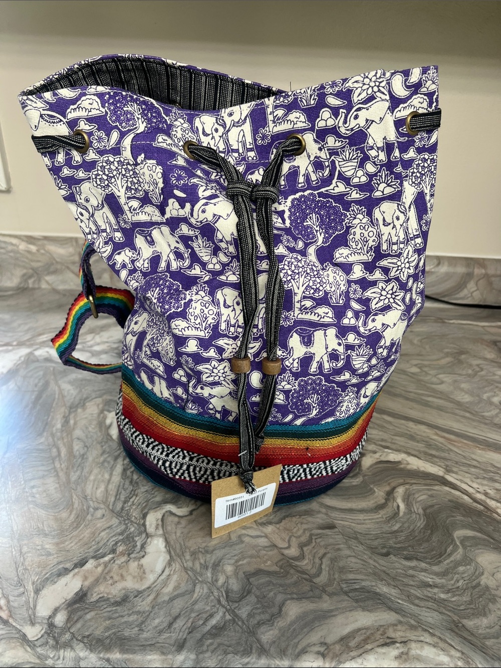 Lakhays Purple Elephant Print Drawstring Tote Bag